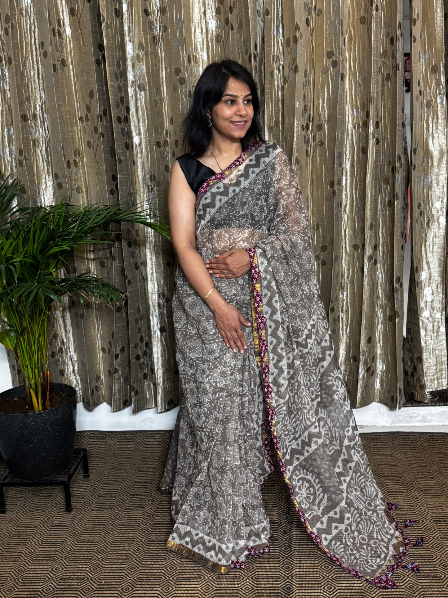 Grey Block Printed Kota Doria saree