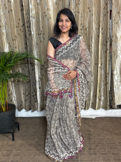 Grey Block Printed Kota Doria saree