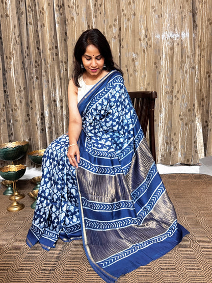 Indigo Maheshwari Silk Cotton Zari Saree