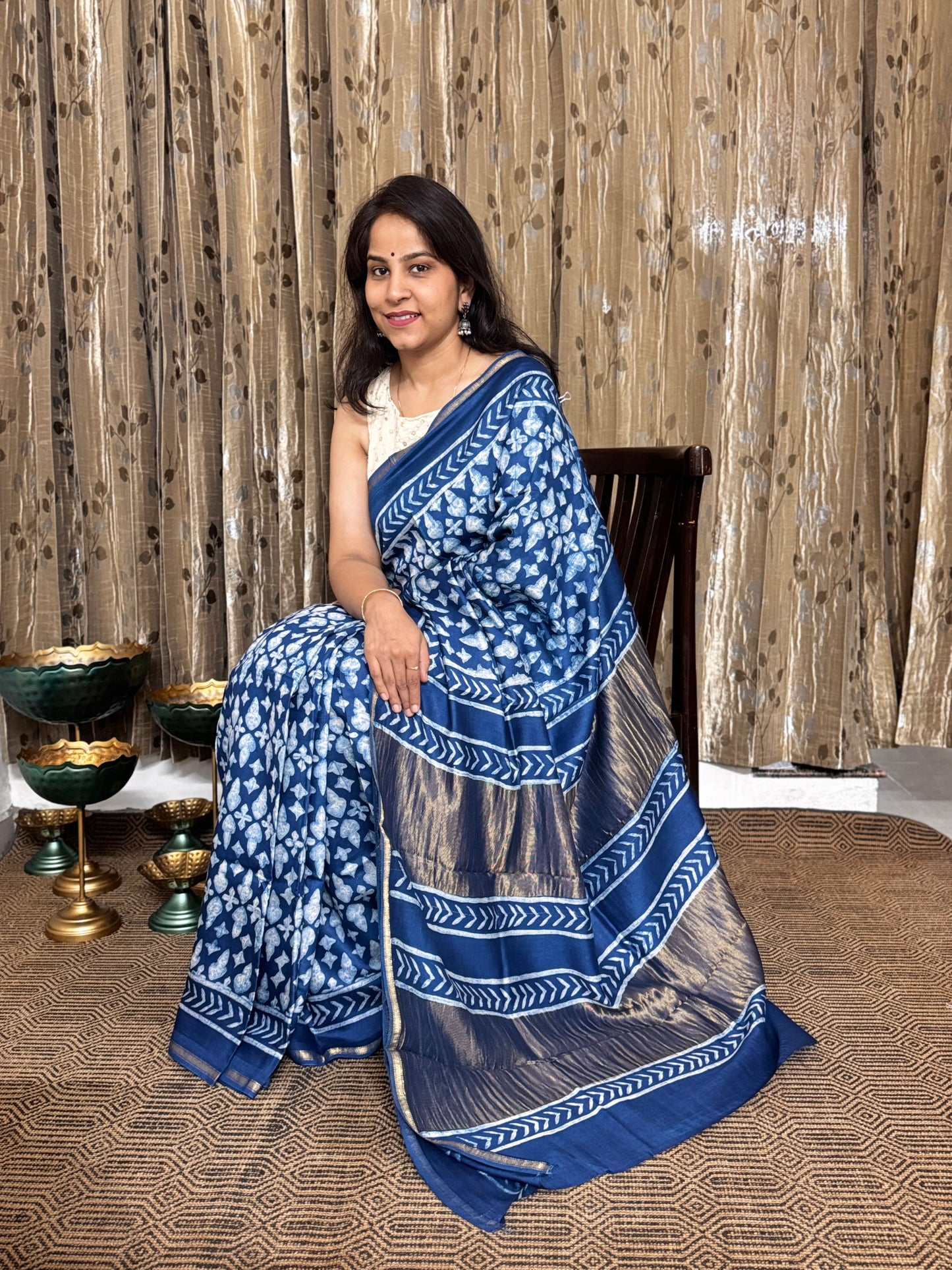 Indigo Maheshwari Silk Cotton Zari Saree