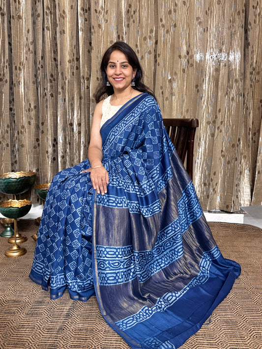 Indigo Maheshwari Silk Cotton Zari Saree
