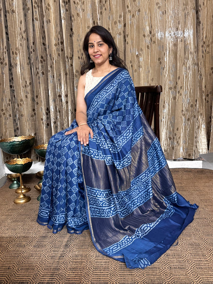 Indigo Maheshwari Silk Cotton Zari Saree