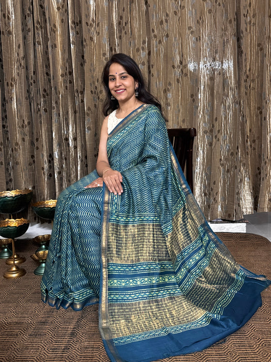 Blue-Green Maheshwari Silk Cotton Zari Saree