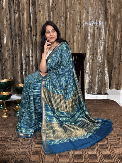 Blue-Green Maheshwari Silk Cotton Zari Saree