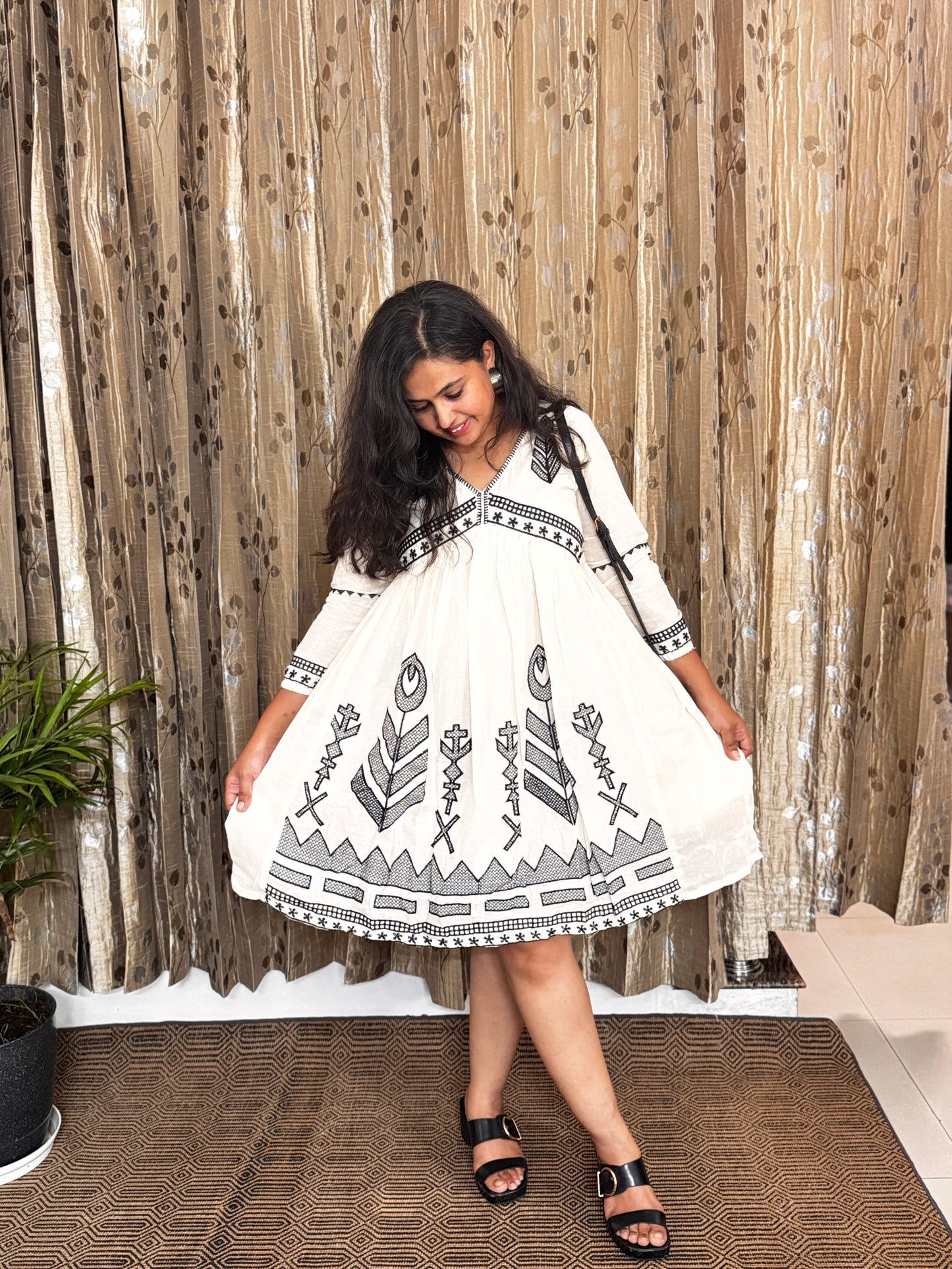 Off White Khadi Cotton Embroidery Frock