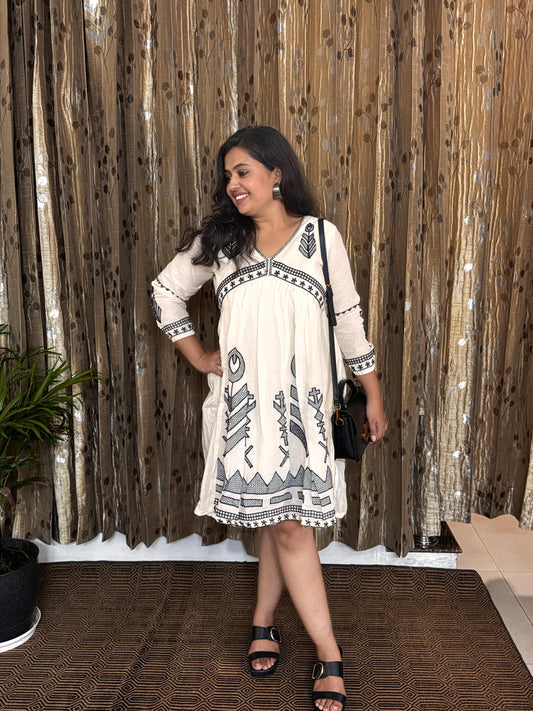 Off White Khadi Cotton Embroidery Frock