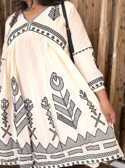Off White Khadi Cotton Embroidery Frock