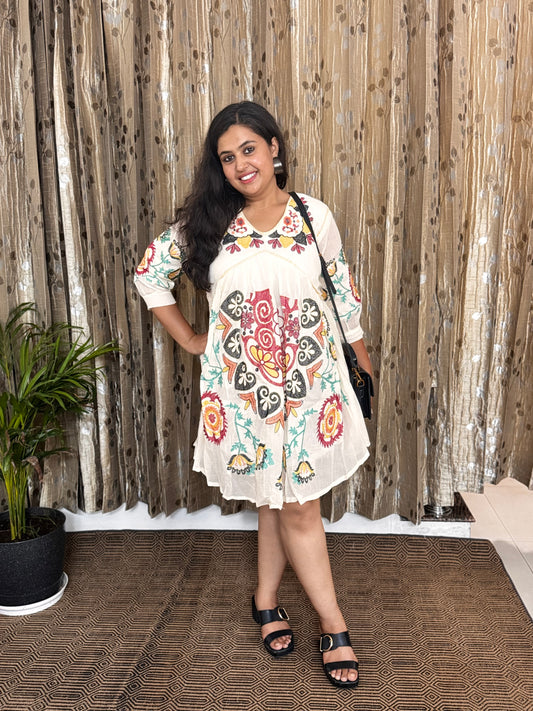 Off White Khadi Cotton Embroidery Frock