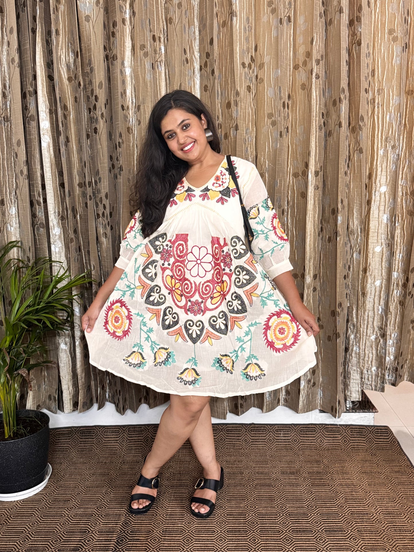 Off White Khadi Cotton Embroidery Frock