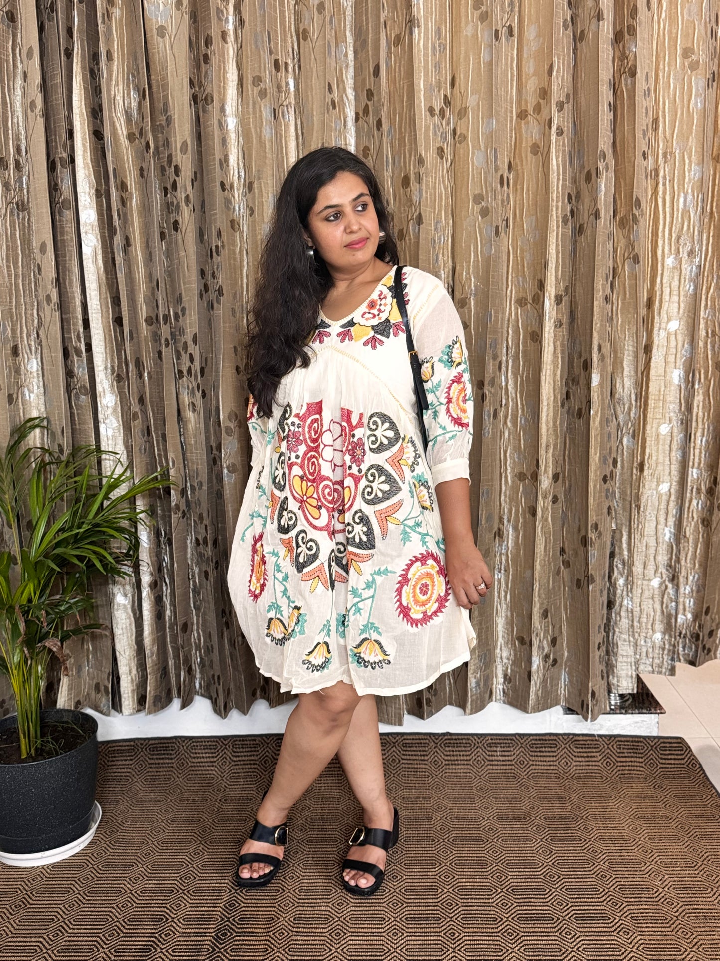 Off White Khadi Cotton Embroidery Frock