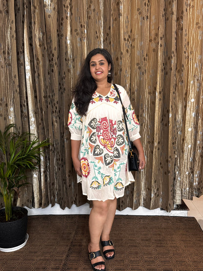 Off White Khadi Cotton Embroidery Frock