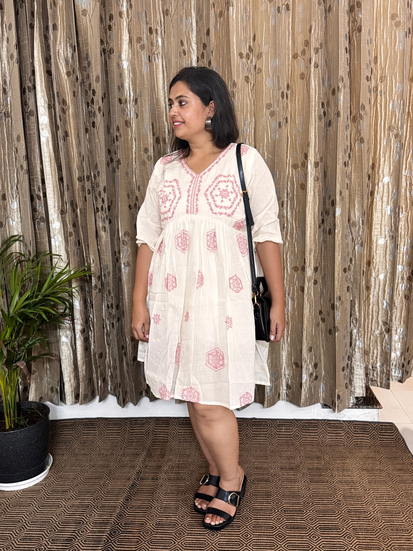 Off White Khadi Cotton Embroidery Frock