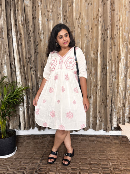 Off White Khadi Cotton Embroidery Frock