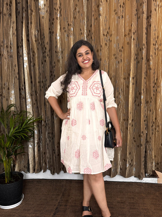 Off White Khadi Cotton Embroidery Frock