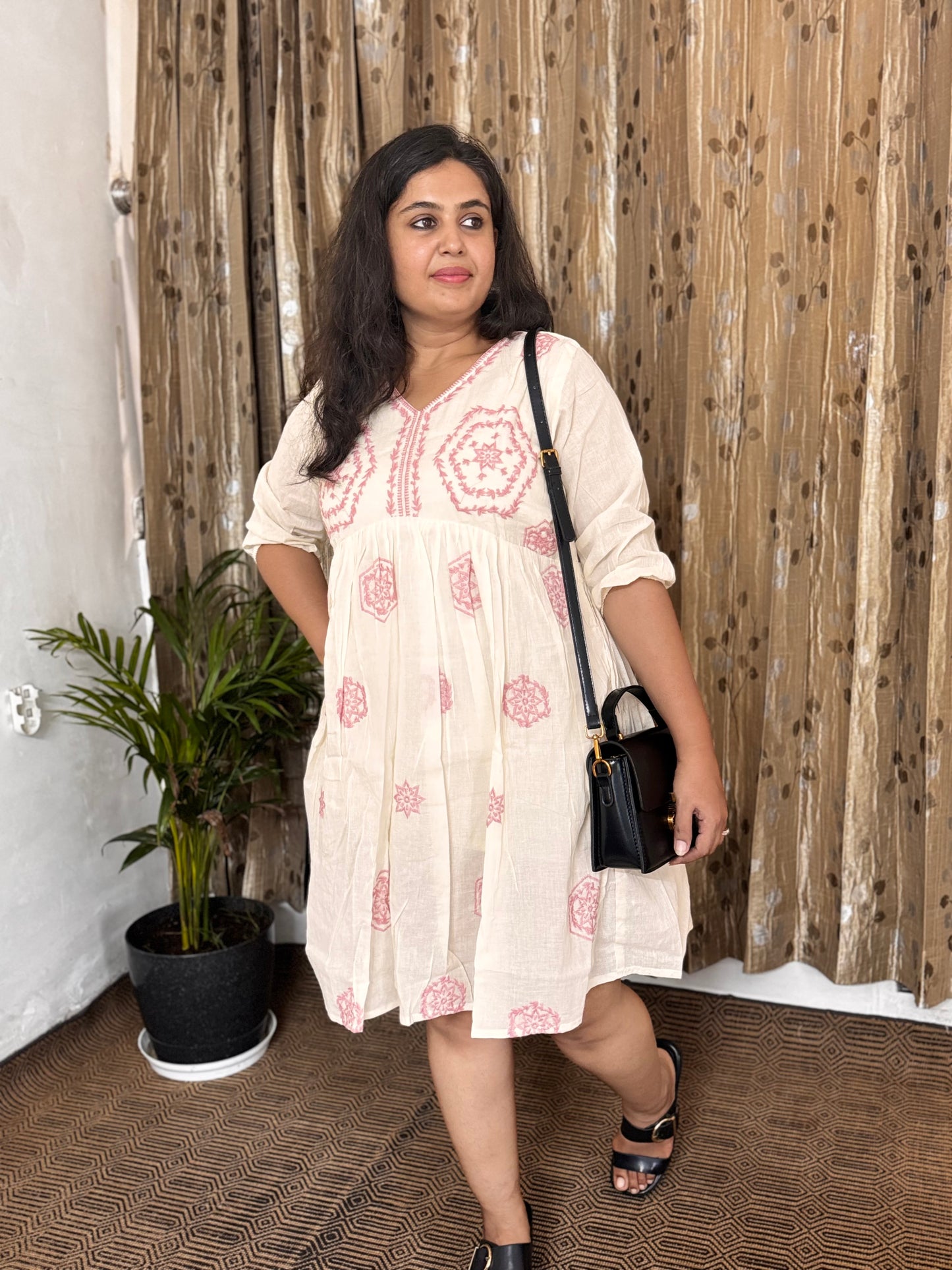 Off White Khadi Cotton Embroidery Frock