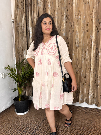 Off White Khadi Cotton Embroidery Frock
