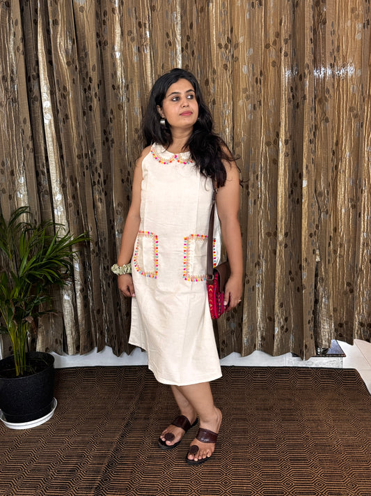 Off White Khadi Cotton Sleeveless Frock