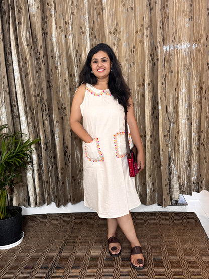 Off White Khadi Cotton Sleeveless Frock