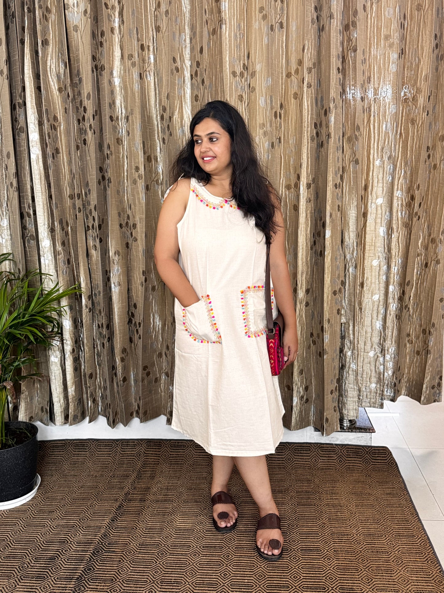 Off White Khadi Cotton Sleeveless Frock
