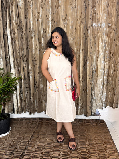 Off White Khadi Cotton Sleeveless Frock
