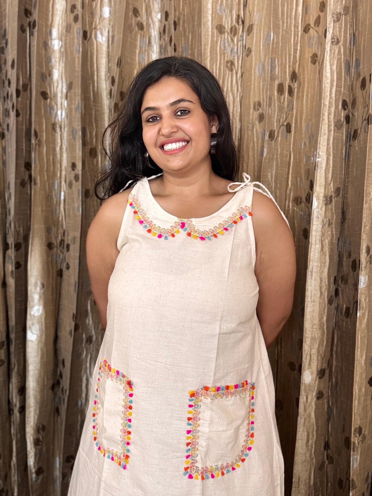 Off White Khadi Cotton Sleeveless Frock