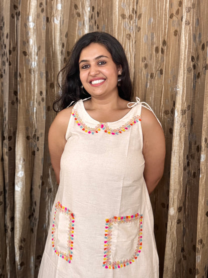 Off White Khadi Cotton Sleeveless Frock