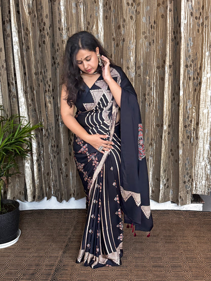 Black and Off White Hand Blockprint Ajrakh Modal Silk Saree - B