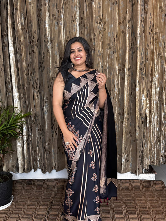 Black and Off White Hand Blockprint Ajrakh Modal Silk Saree - B