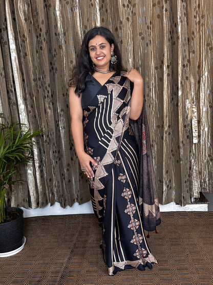 Black and Off White Hand Blockprint Ajrakh Modal Silk Saree - B