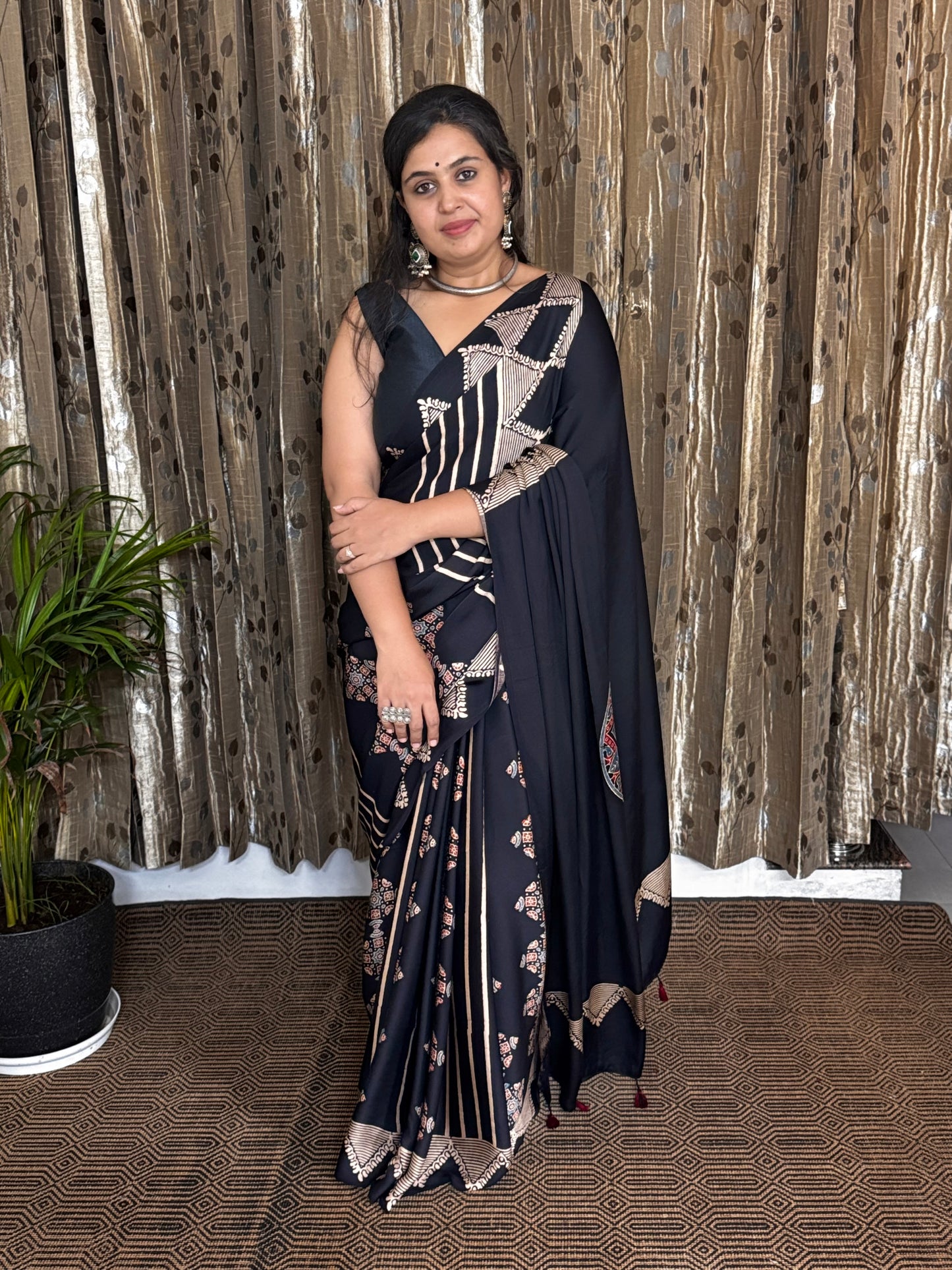 Black and Off White Hand Blockprint Ajrakh Modal Silk Saree - B