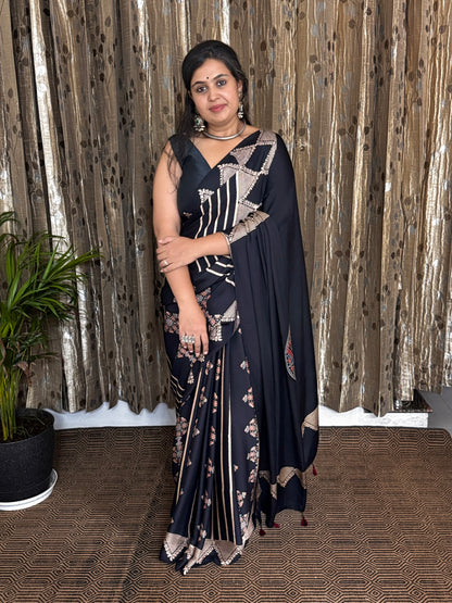 Black and Off White Hand Blockprint Ajrakh Modal Silk Saree - B
