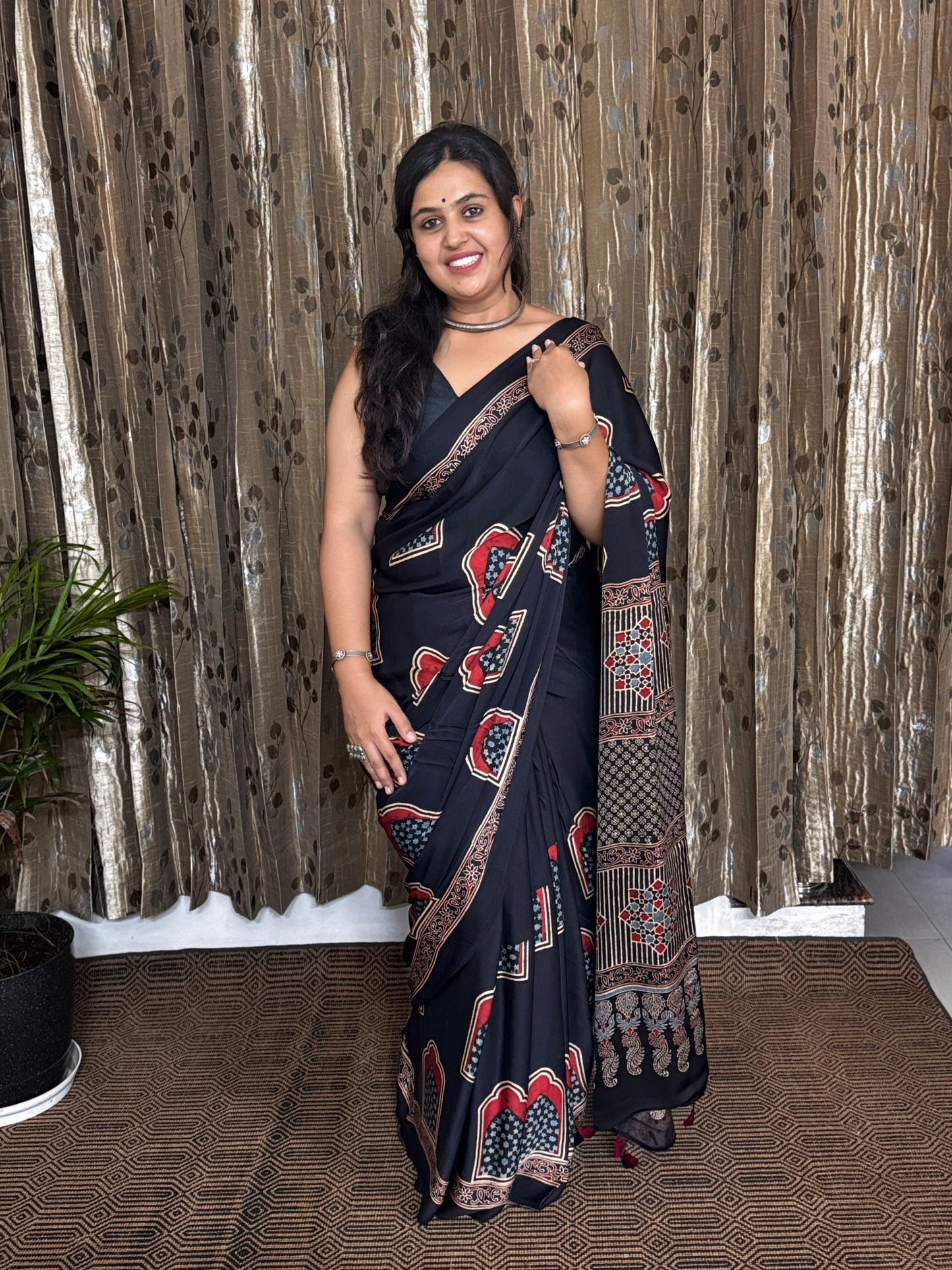 Black and Off White Hand Blockprint Ajrakh Modal Silk Saree - B