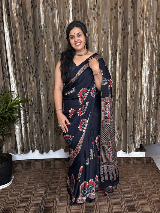 Black and Off White Hand Blockprint Ajrakh Modal Silk Saree - B