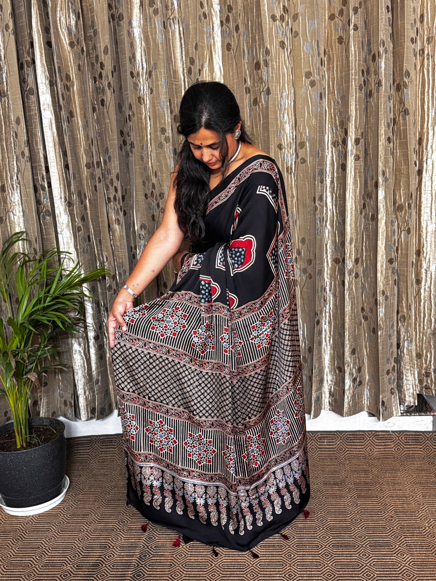 Black and Off White Hand Blockprint Ajrakh Modal Silk Saree - B