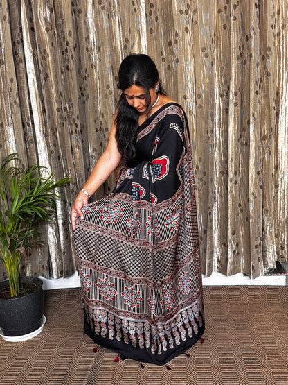 Black and Off White Hand Blockprint Ajrakh Modal Silk Saree - B