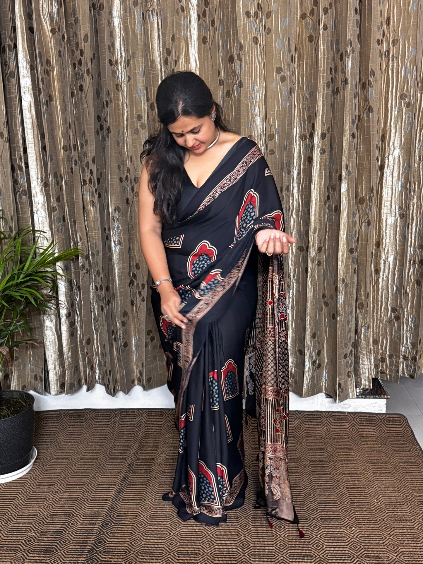 Black and Off White Hand Blockprint Ajrakh Modal Silk Saree - B