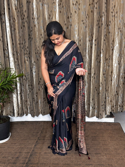 Black and Off White Hand Blockprint Ajrakh Modal Silk Saree - B