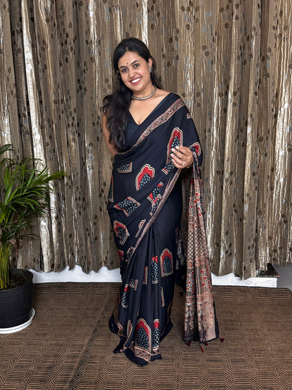 Black and Off White Hand Blockprint Ajrakh Modal Silk Saree - B