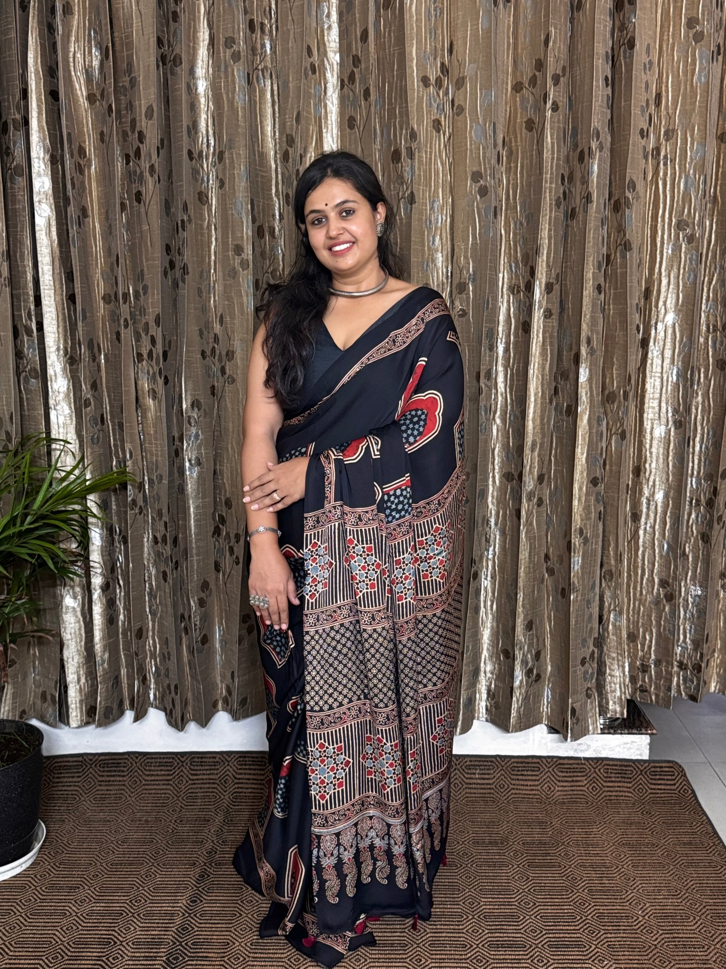 Black and Off White Hand Blockprint Ajrakh Modal Silk Saree - B