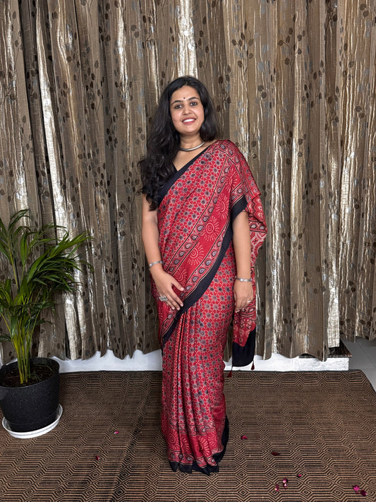 Red Hand Blockprint Ajrakh Modal Silk Saree - B