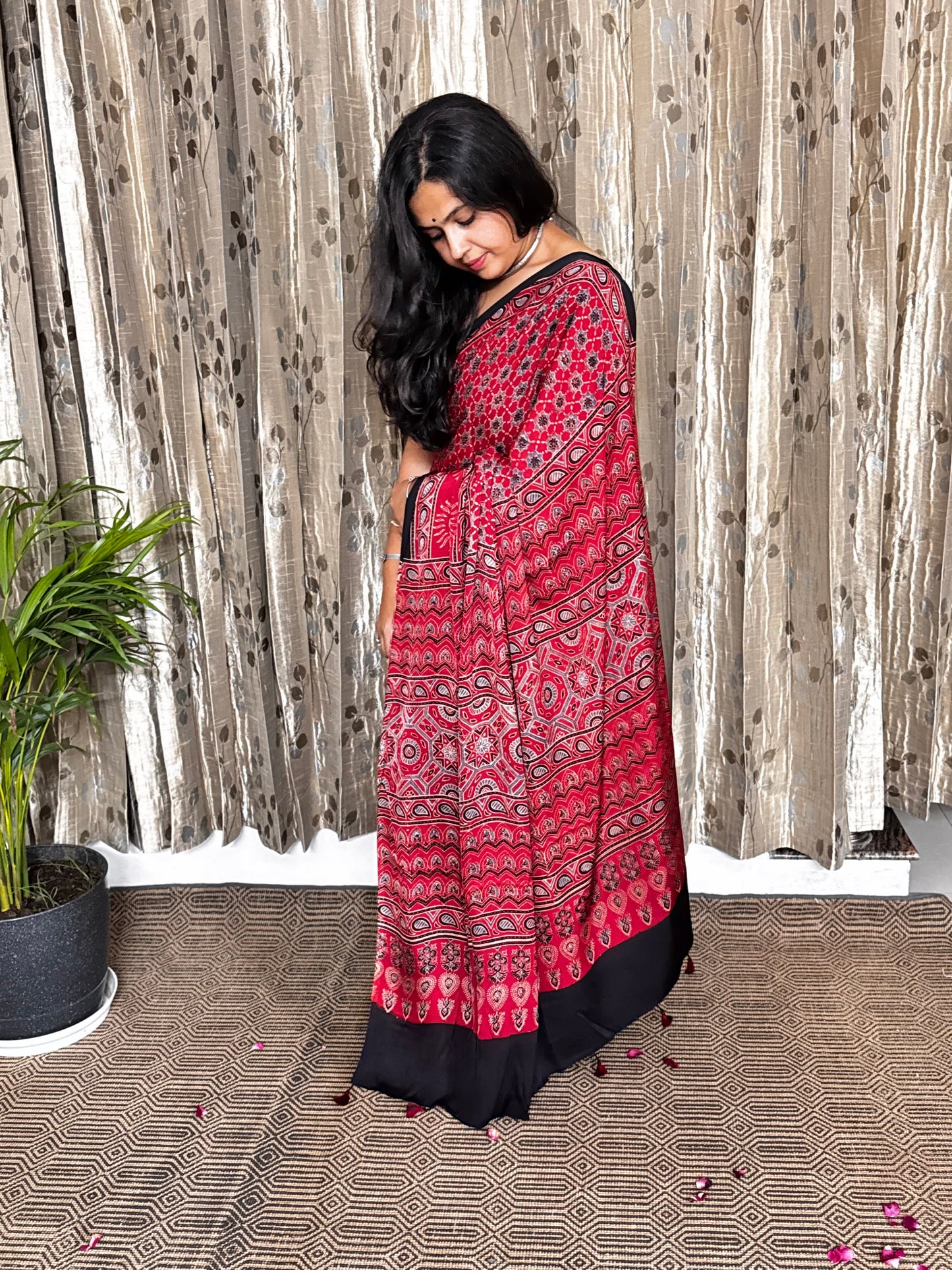 Red Hand Blockprint Ajrakh Modal Silk Saree - B