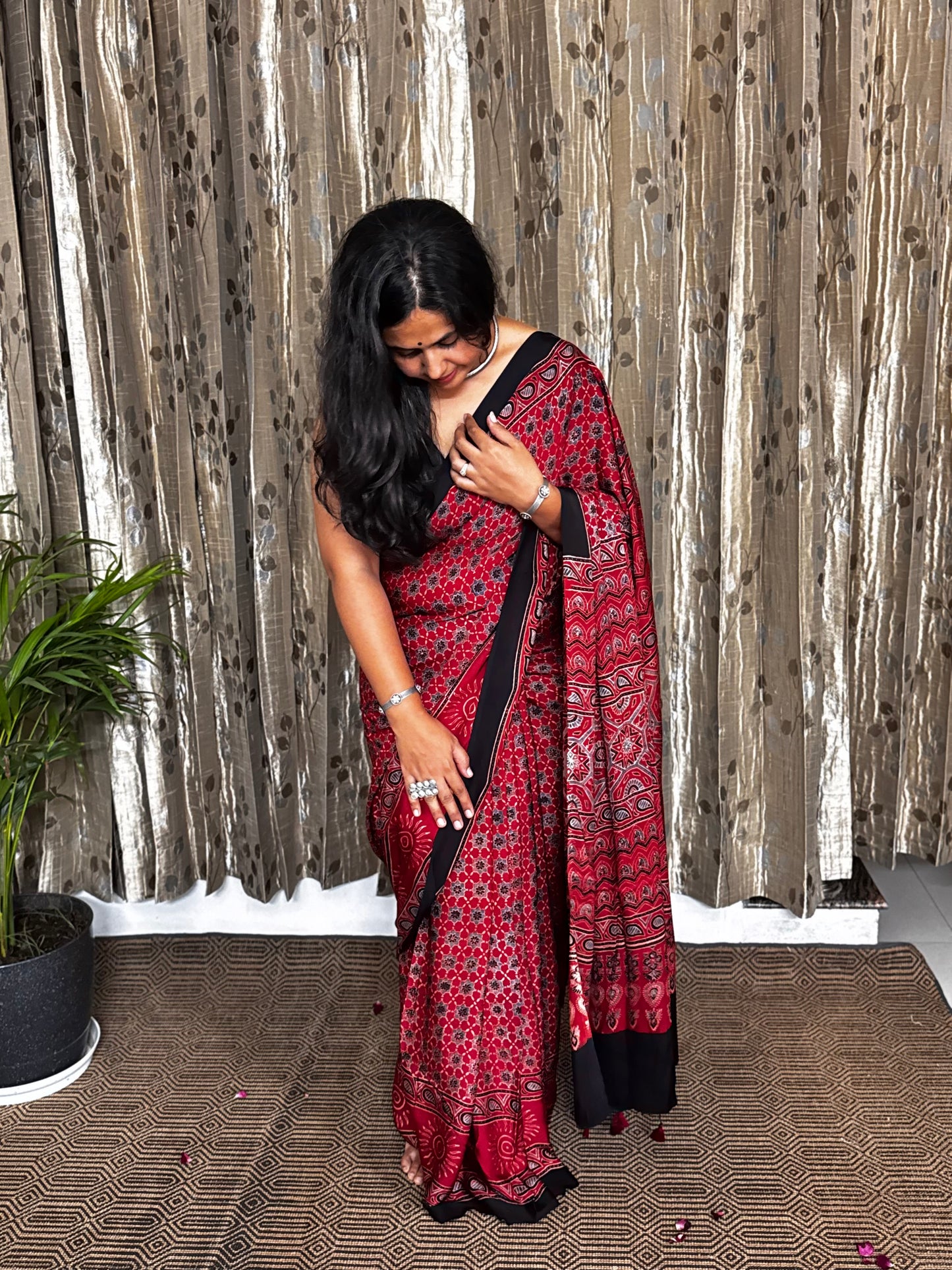 Red Hand Blockprint Ajrakh Modal Silk Saree - B