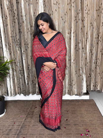 Red Hand Blockprint Ajrakh Modal Silk Saree - B