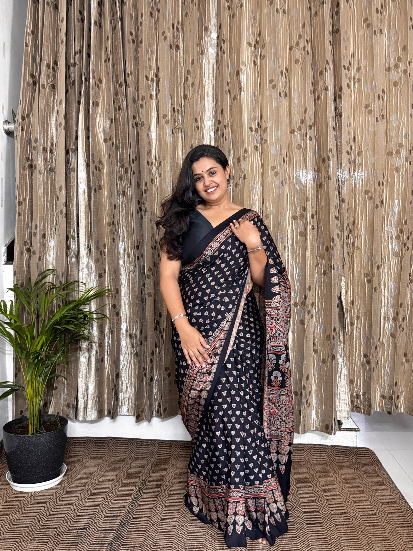 Black Hand Blockprint Ajrakh Modal Silk Saree - B