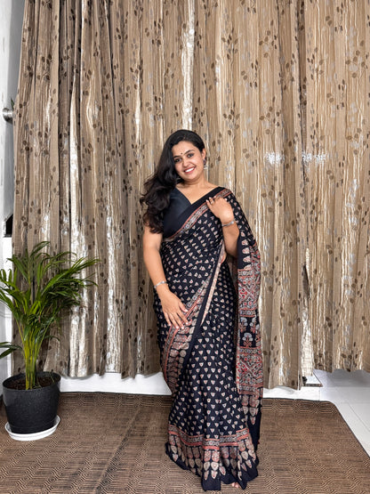 Black Hand Blockprint Ajrakh Modal Silk Saree - B