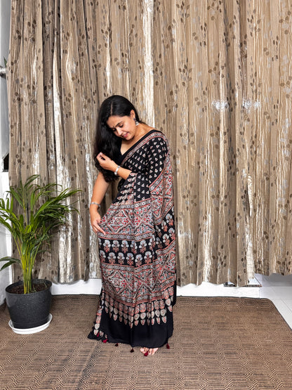 Black Hand Blockprint Ajrakh Modal Silk Saree - B
