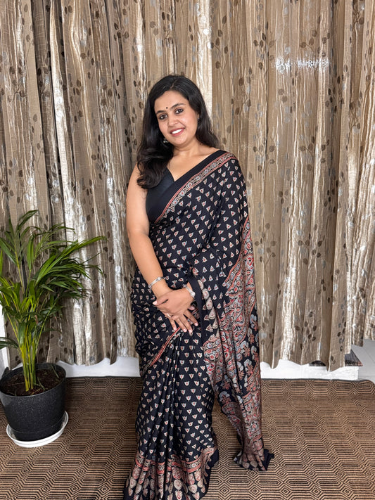 Black Hand Blockprint Ajrakh Modal Silk Saree - B
