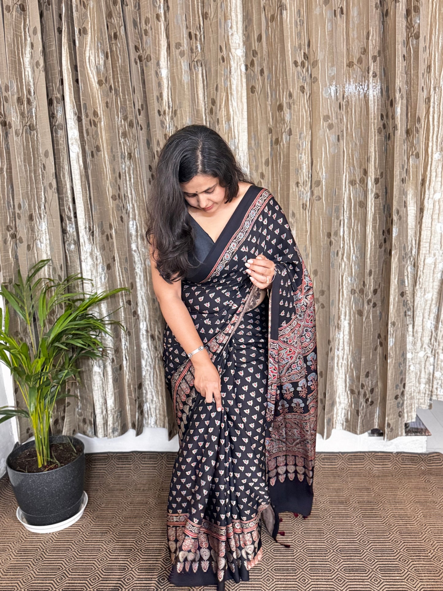 Black Hand Blockprint Ajrakh Modal Silk Saree - B