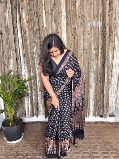 Black Hand Blockprint Ajrakh Modal Silk Saree - B