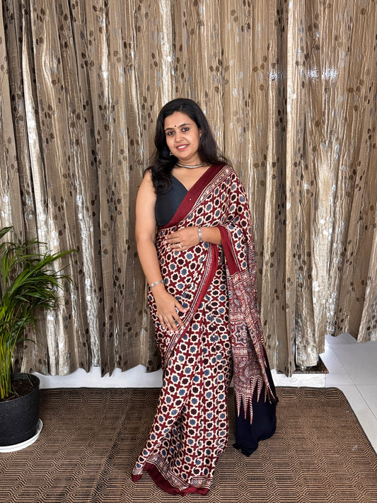 Maroon Hand Blockprint Ajrakh Modal Silk Saree